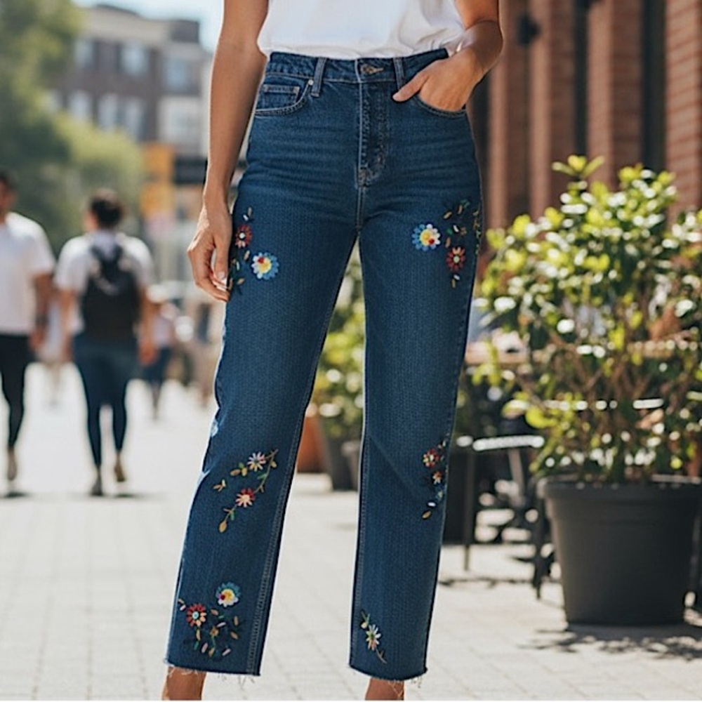 Boden Relaxed Straight Leg Denim Jeans with Floral Embroidery, Dark Blue,Size 6L